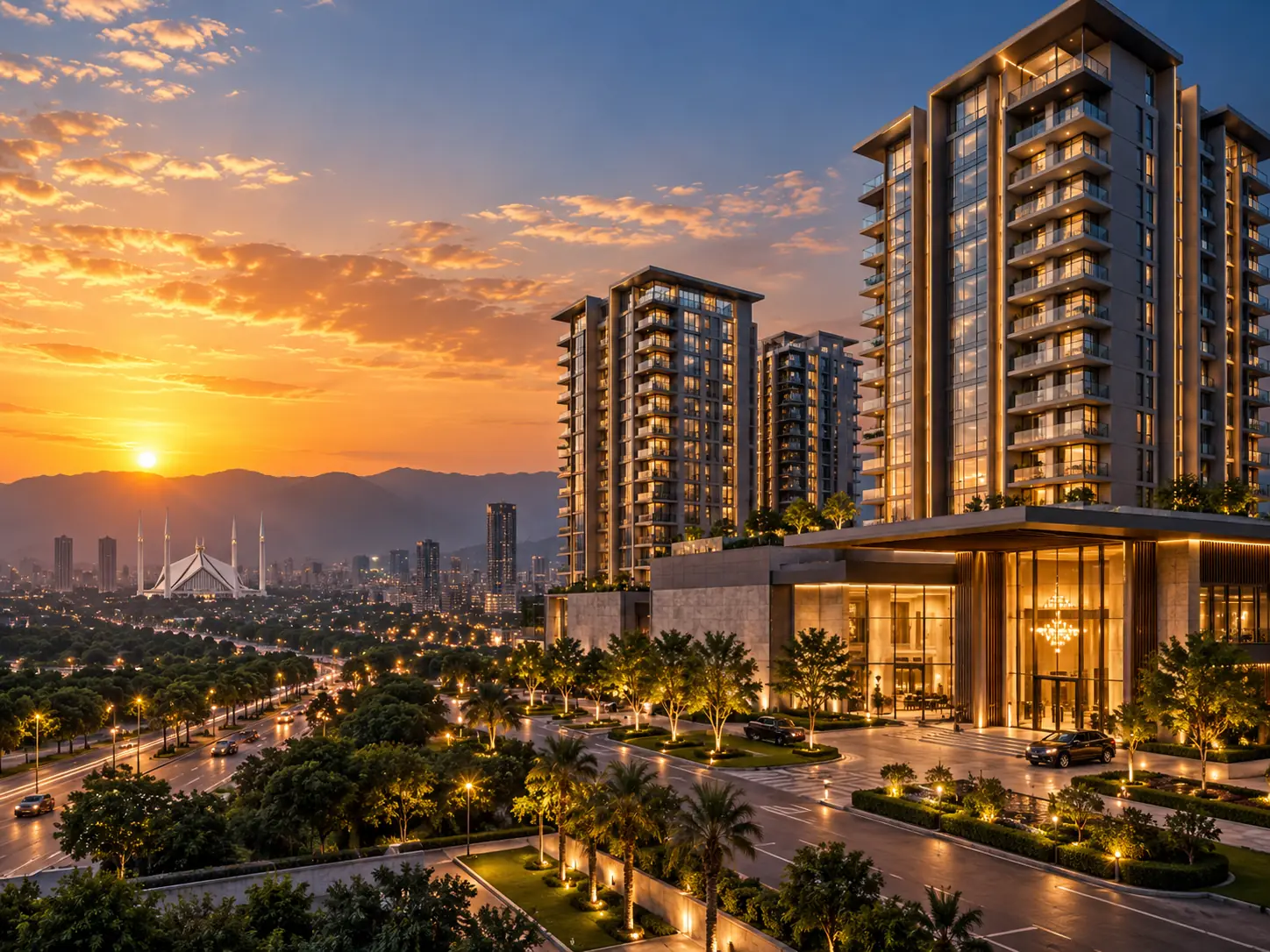 Illustrative Islamabad-inspired Pakistani residential development and skyline at sunset